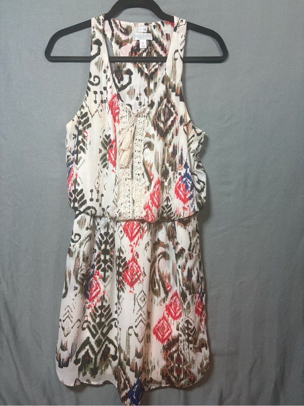 Bisou Bisou White Printed Crochet-Front Mini Dress with Coral & Olive Accents